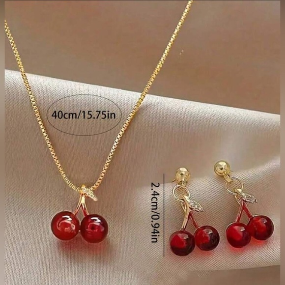3-piece Cherry Pendant Collarbone Necklace and Earrings Set - Picture 3 of 3